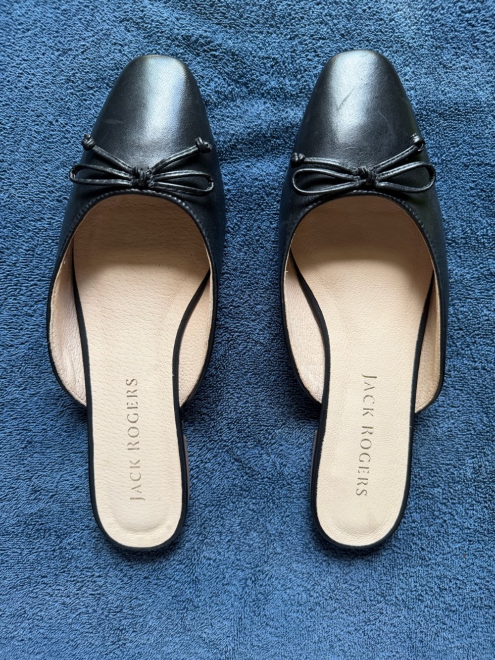 Jack Rogers Black Leather Bow-Front Slip-On Mules